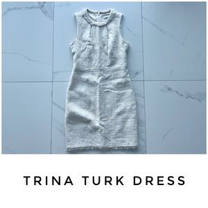 Trina Turk dress size 8 cream white tweed cutout fringe